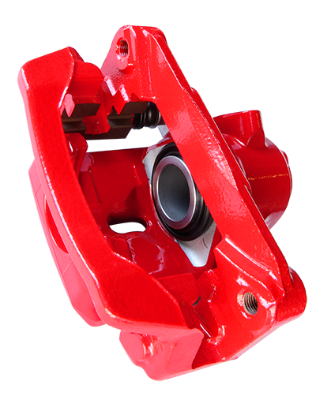 Red brake caliper on a white background